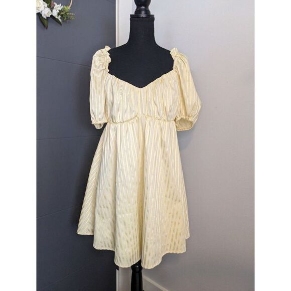 Revolve Lovers and Friends Pearl Mini Dress Yellow Striped Puff Sleeve‎ - L - Picture 1 of 8